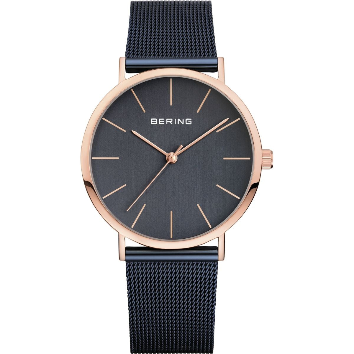 Bering 13436-367 watch for woman with a blue dial and steel strap.