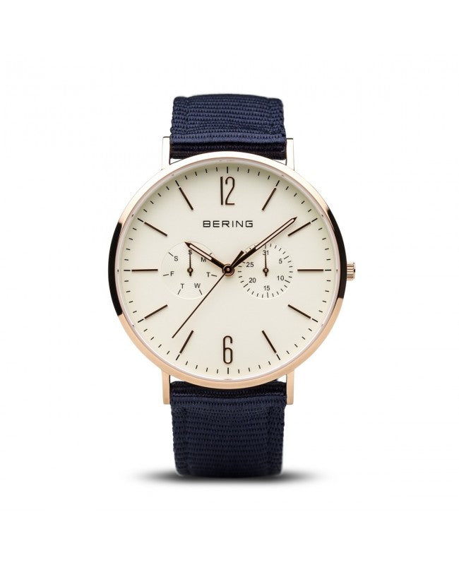 Bering 14240-864B watch for man with a beige dial and fabric strap.