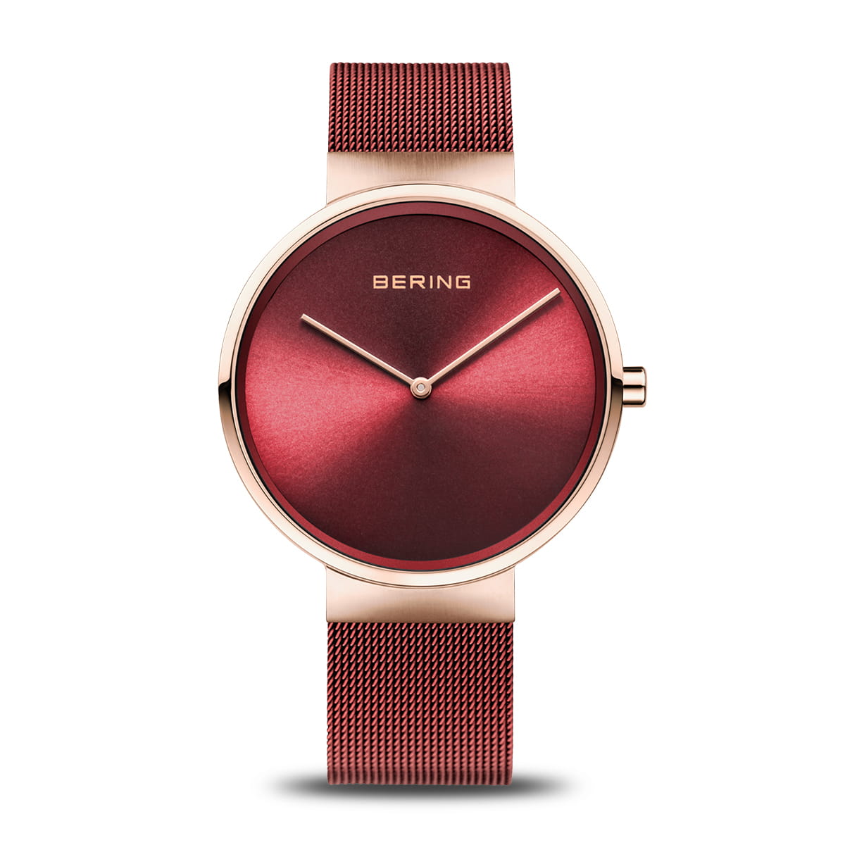 Bering 14539-363 watch for women with a red dial and stainless steel strap.