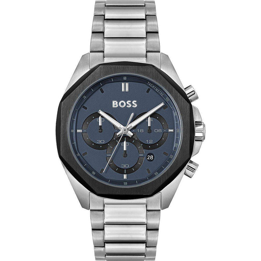Boss 1514015 watch for man with a blue dial and stainless steel strap.
