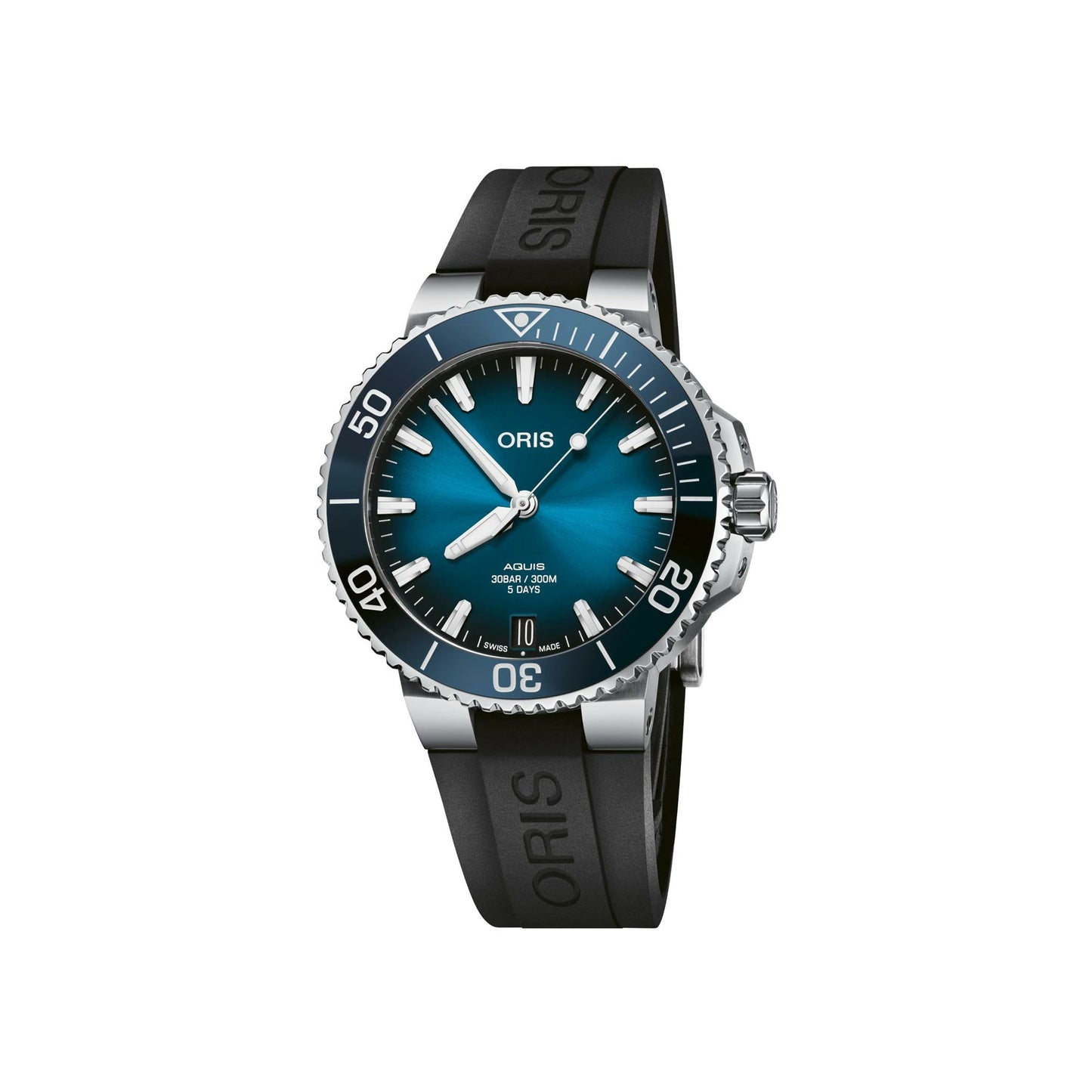 Oris 4135-07-4-22-74FC watch for man with a blue dial and rubber strap.