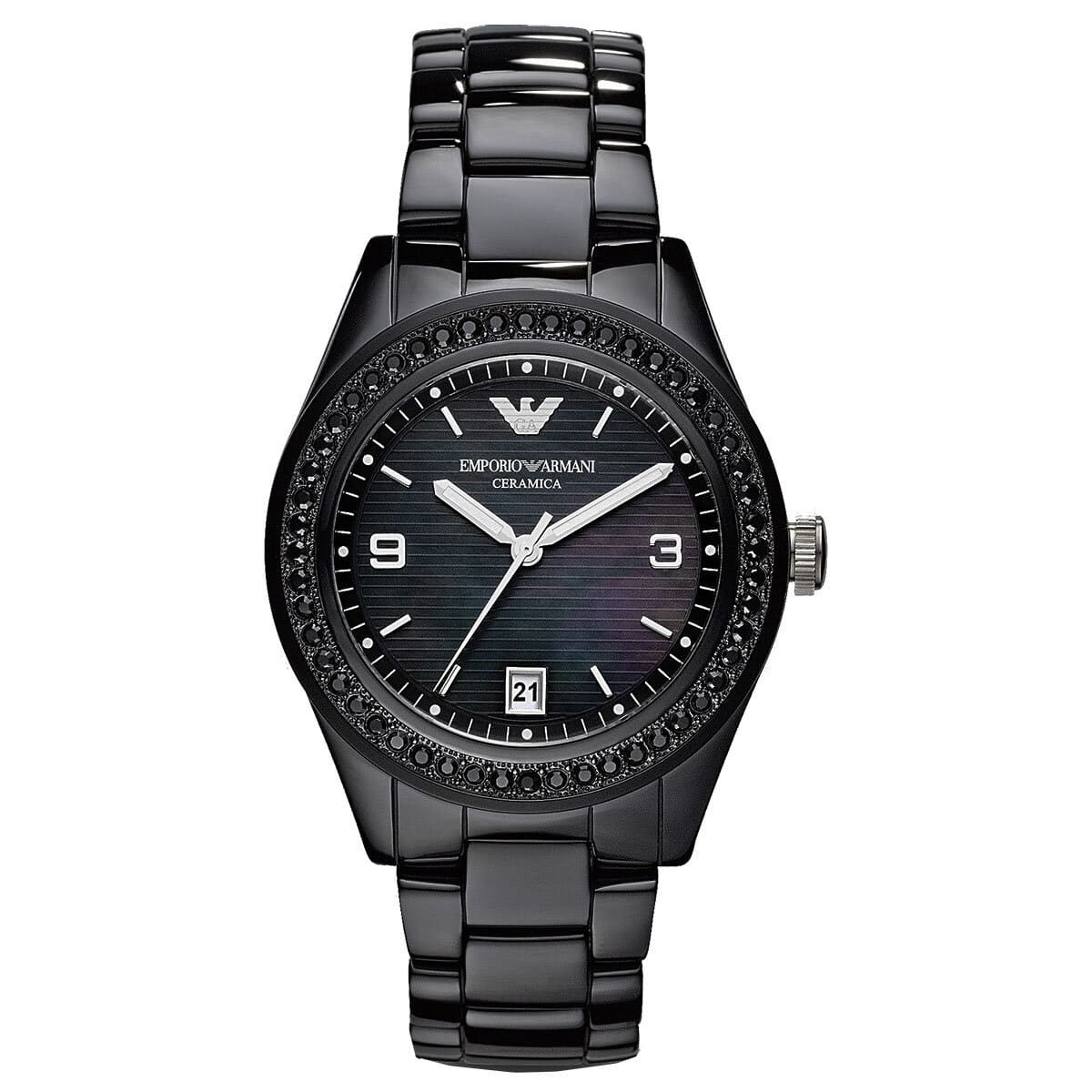 Armani AR1423 watch for woman with a black dial and black strap.