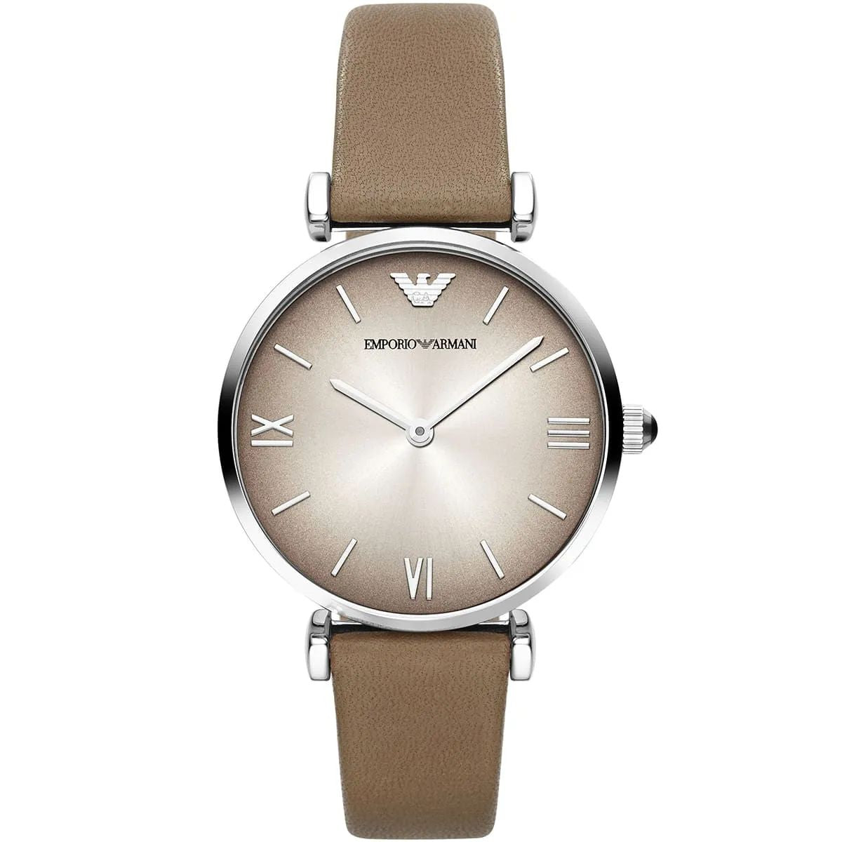 Armani AR1768 watch for women with a brown dial and leather strap.