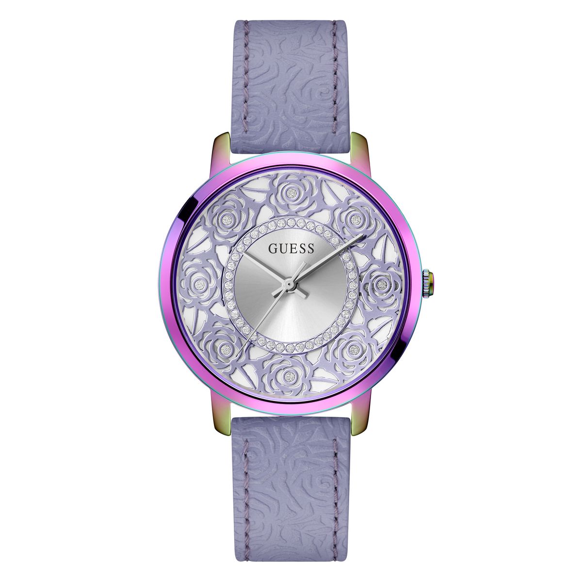 Guess GW0529L4 watch for women with a purple dial and leather strap.