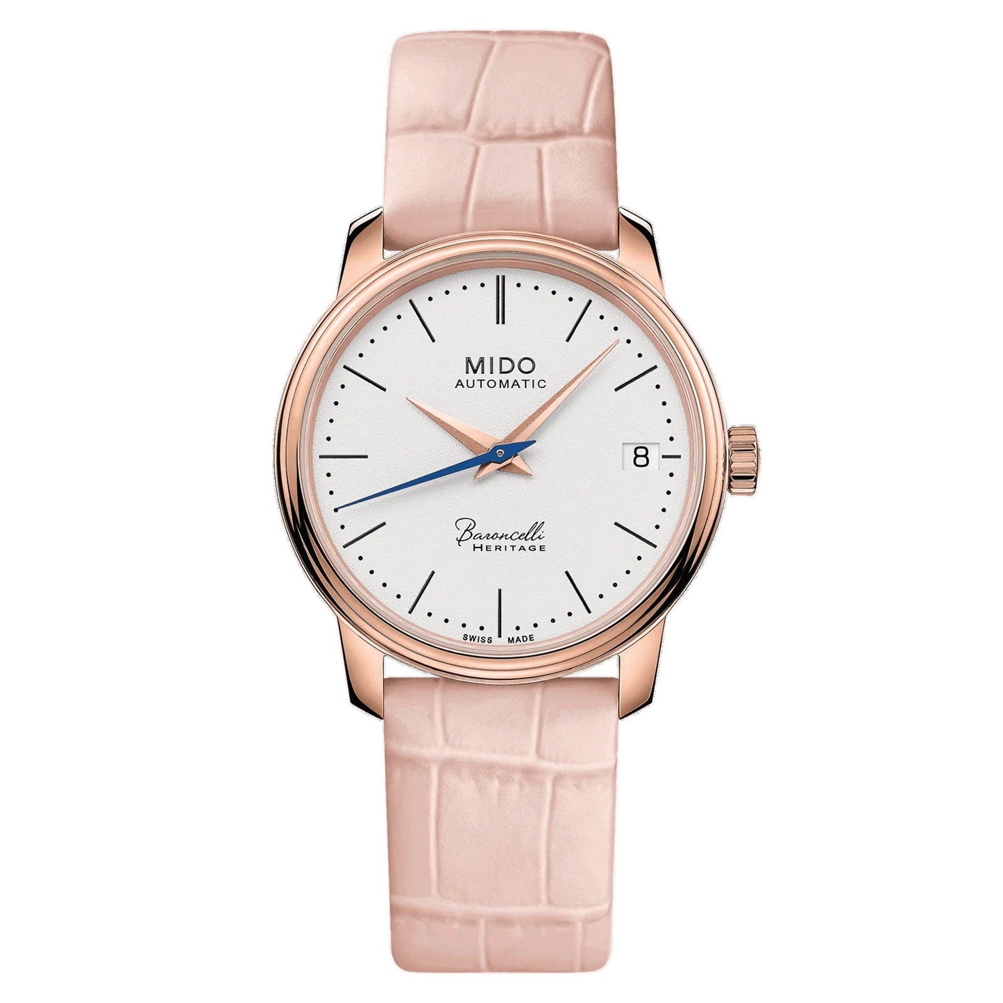 Mido M0272073601000 watch for woman with a white dial and leather strap.