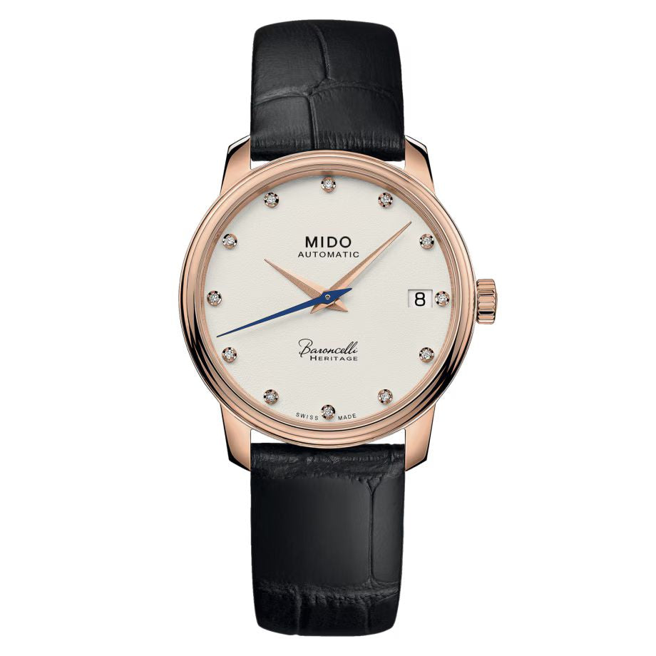 Mido M0272073626600 watch for woman with a white dial and leather strap.