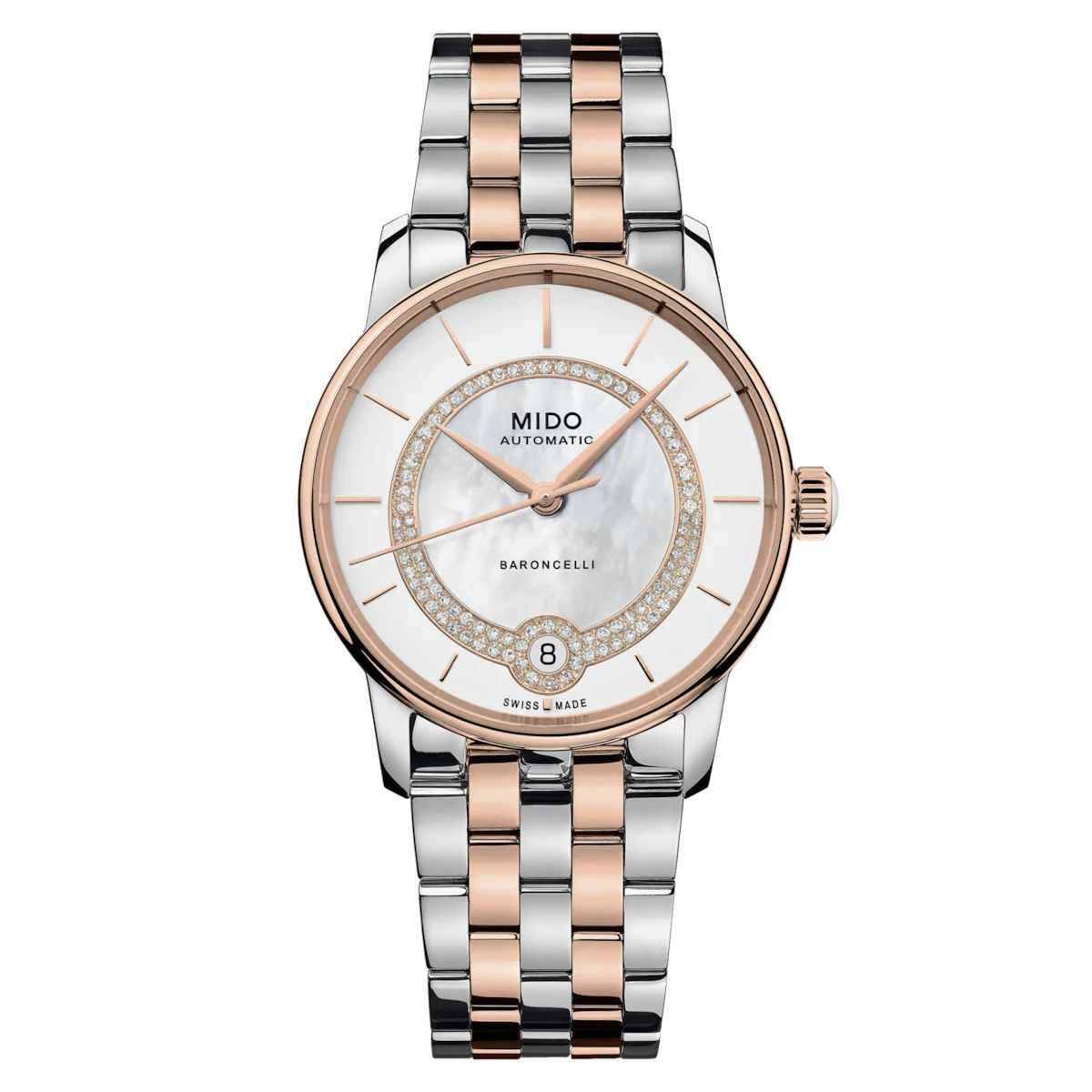 Mido M0378072203100 watch for woman with a white dial and stainless steel strap.