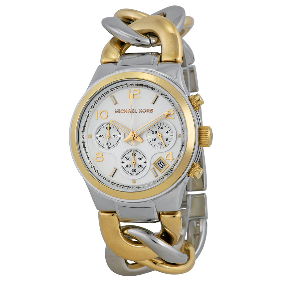 Michael Kors MK3199 watch for women with a white dial and steel strap.