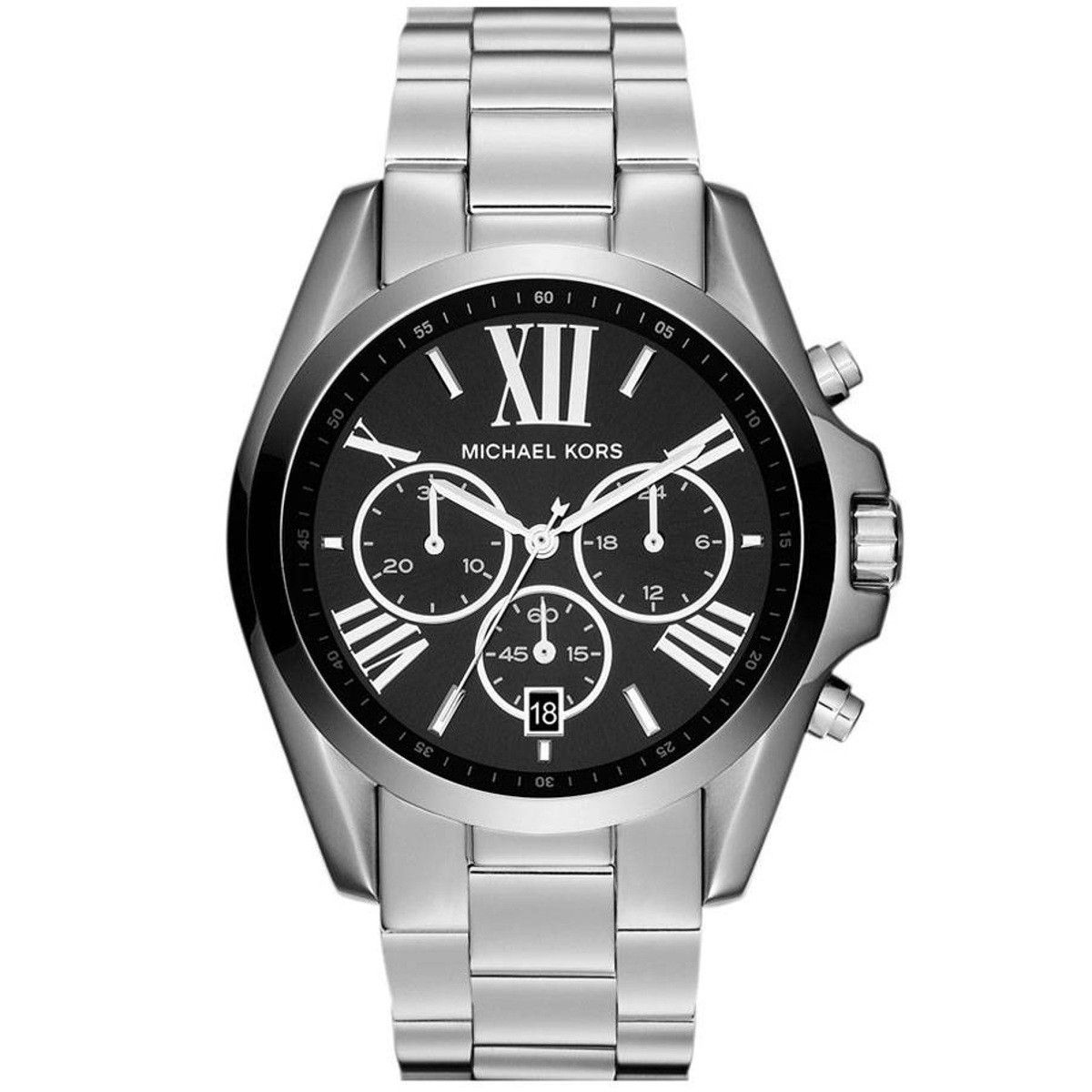 Michael Kors MK5705 watch for man with a black dial and steel strap.