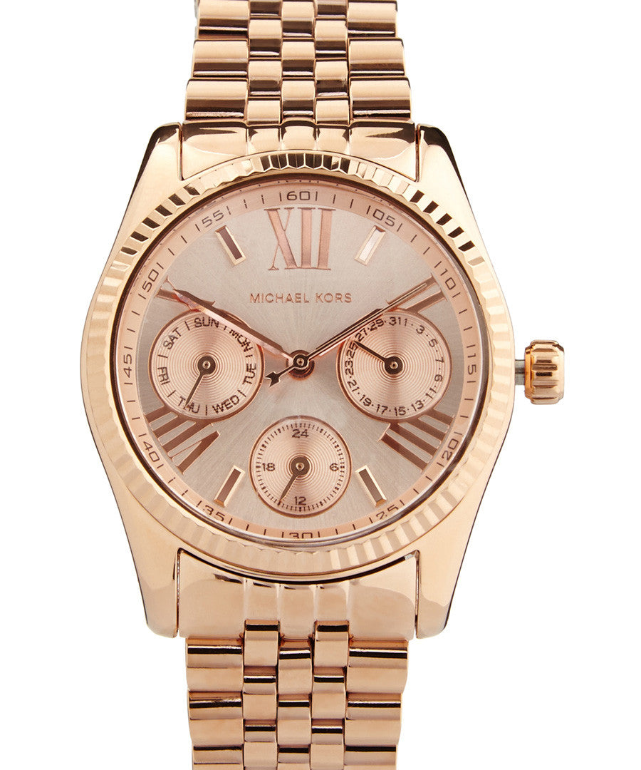 Michael Kors MK5809 watch for women with a pink dial and steel strap.