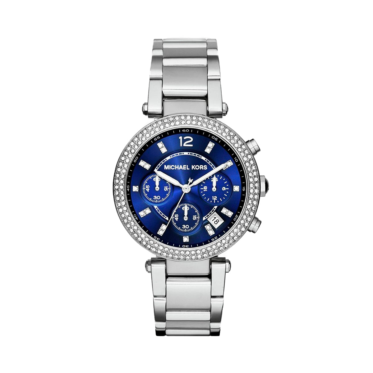 Michael Kors MK6117 watch for women with a blue dial and stainless steel strap.