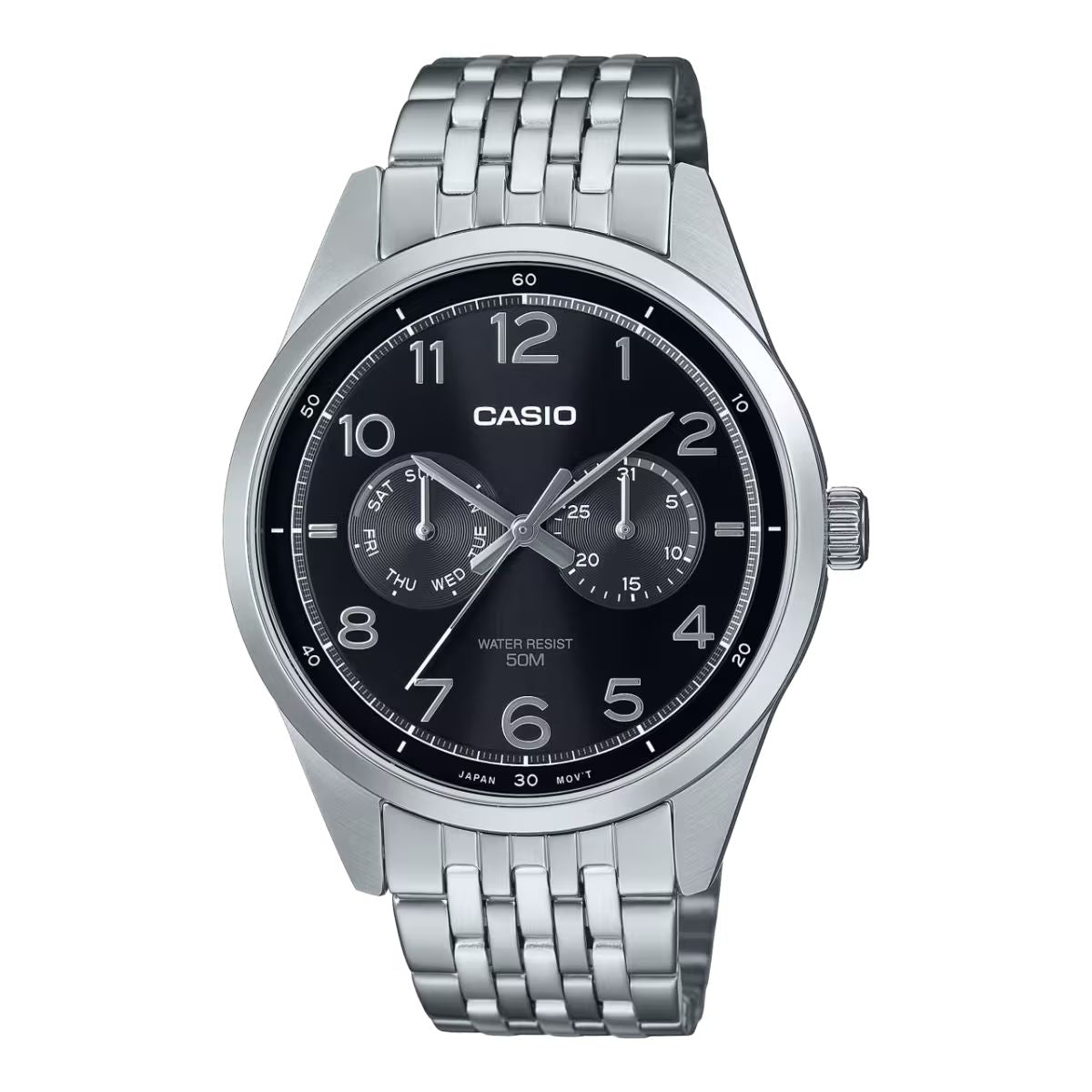 Casio MTP-E340D-1AVDF watch for man with a black dial and stainless steel strap.