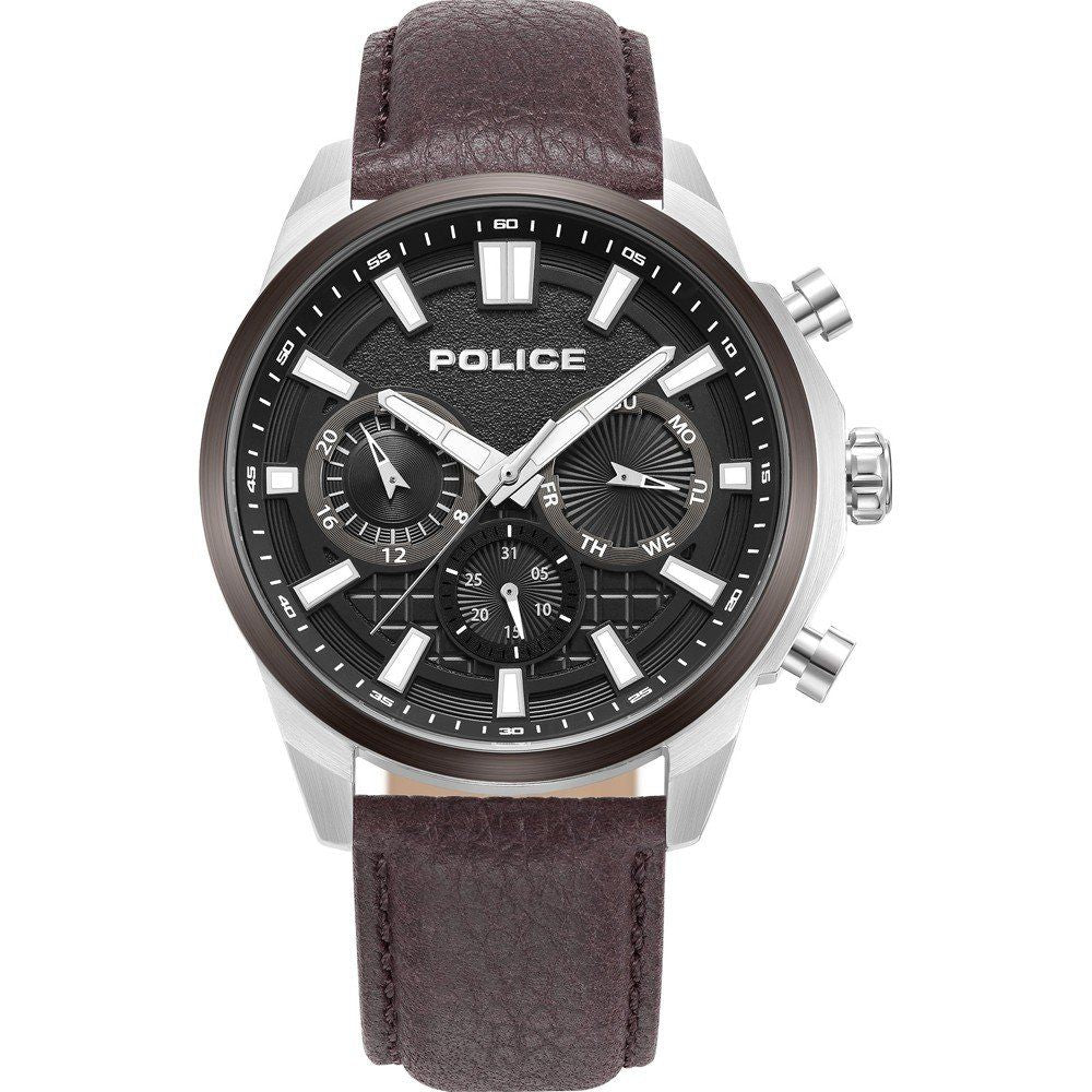 Police PEWJF0021040 watch for man with a black dial and leather strap.