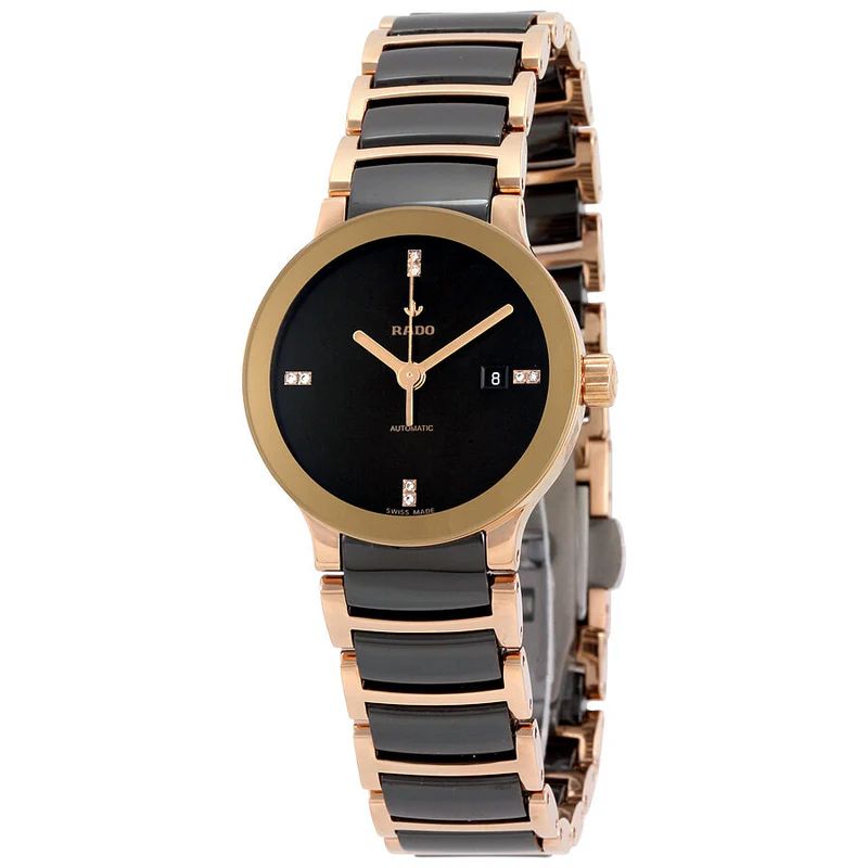Rado R30183722 watch for woman with a black dial and stainless steel strap.