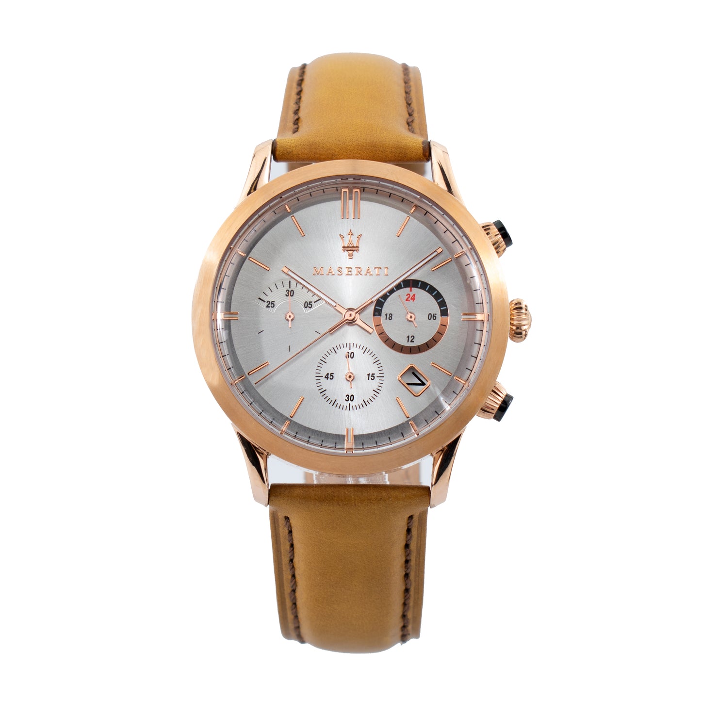 Maserati R8871633002 watch for man with a silver, pink dial and leather strap.