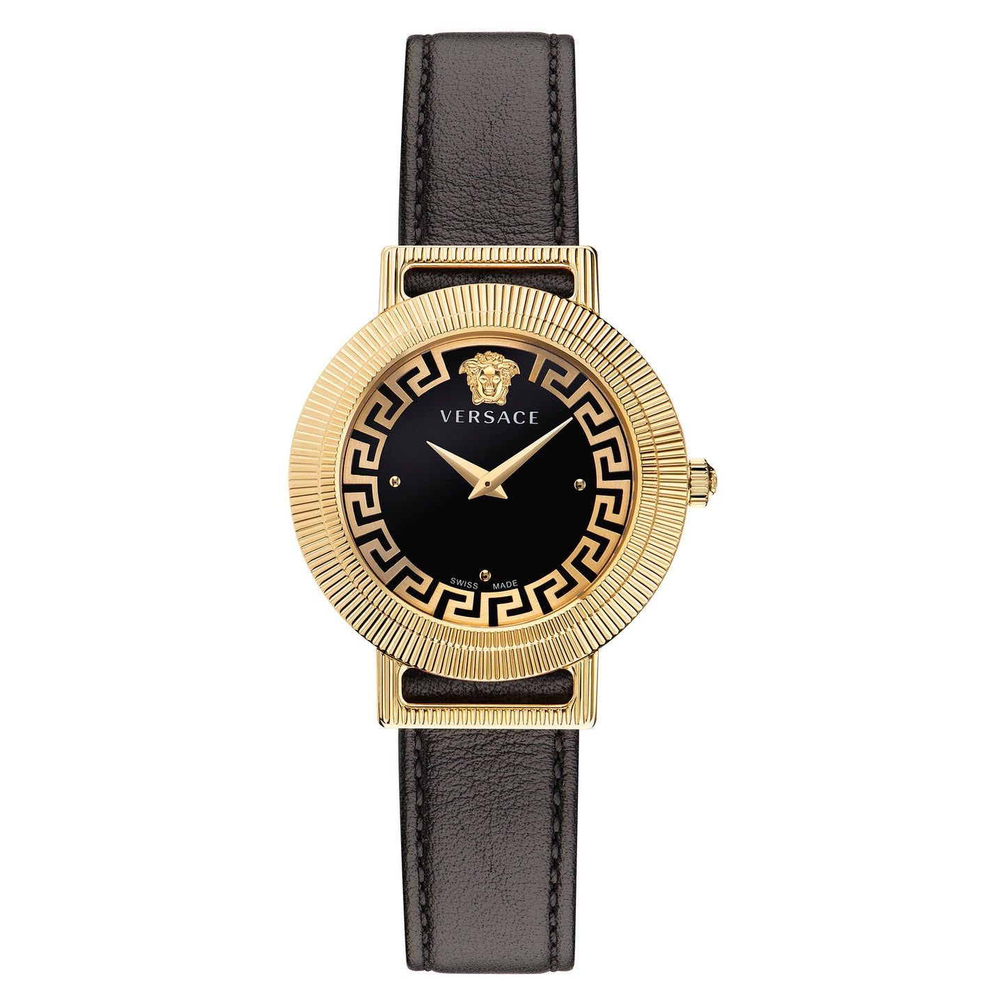 Versace VE3D00322 watch for women with a black dial and leather strap.