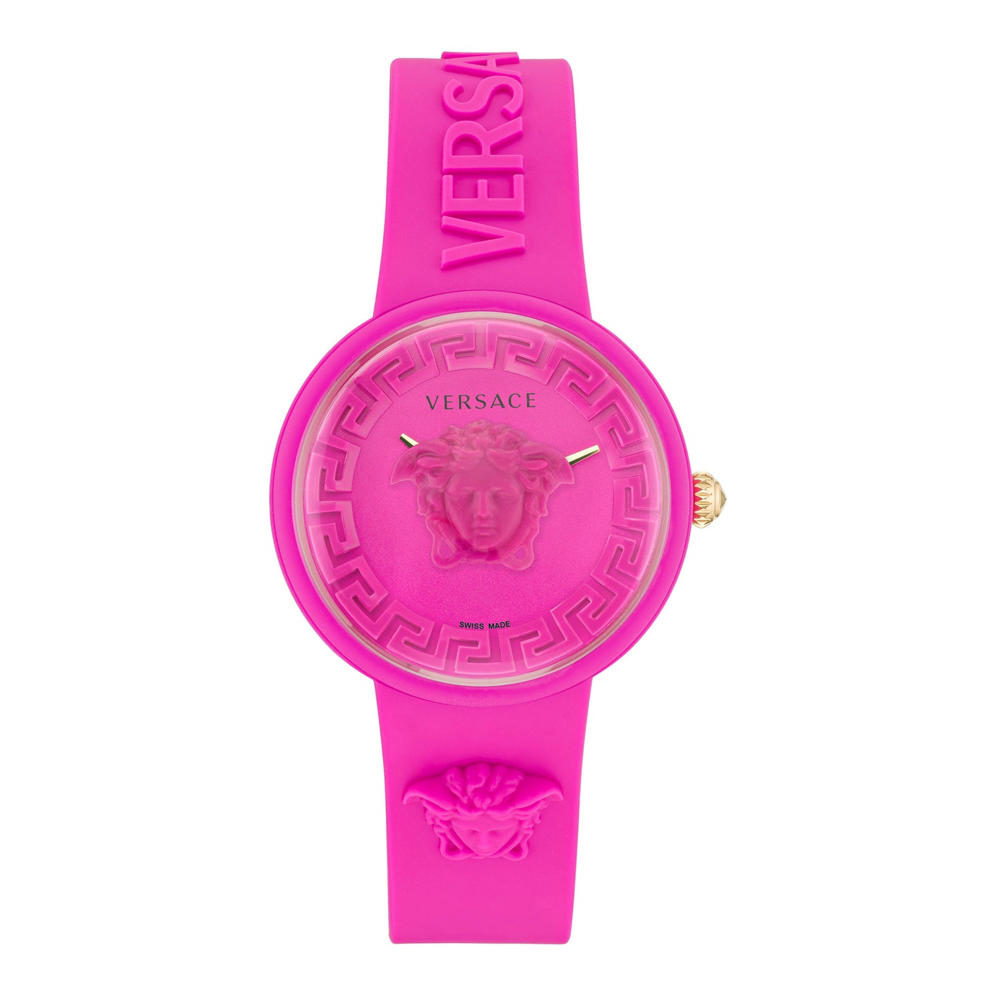 Versace VE6G00323 watch for women with a pink dial and silicone strap.