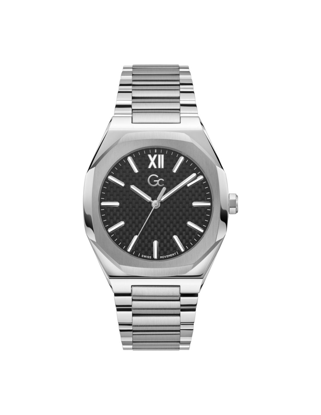 Gc Z26004G2MF watch for man with a black dial and stainless steel strap.