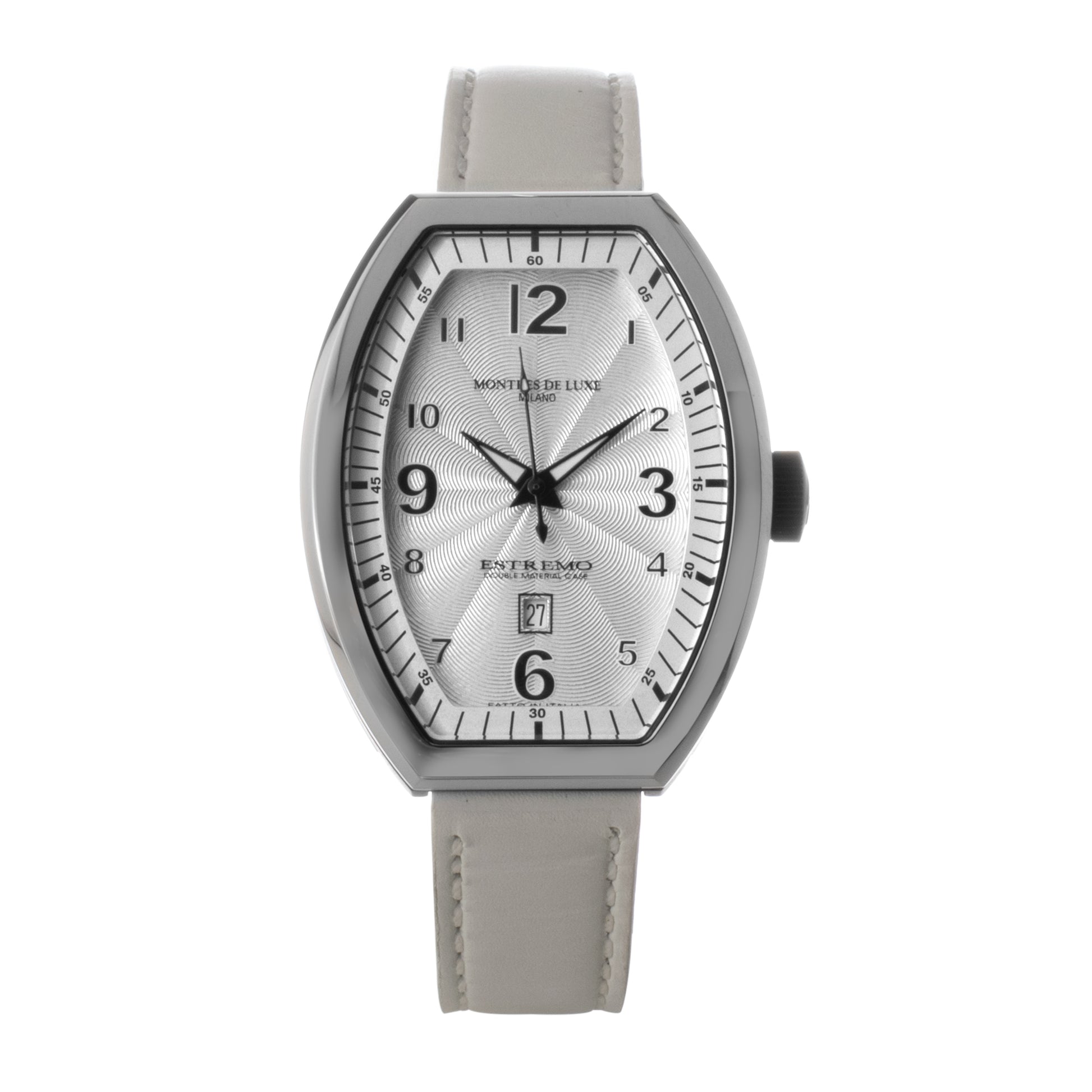 Montres De Luxe 09EX-LAS-8300 watch for woman with a white dial and leather strap.