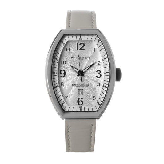 Montres De Luxe 09EX-LAS-8300 watch for woman with a white dial and leather strap.