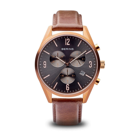Bering 10542-562 watch for man with a black dial and leather strap.