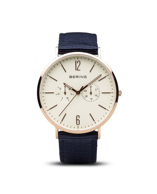 Bering 14240-864B watch for man with a beige dial and fabric strap.