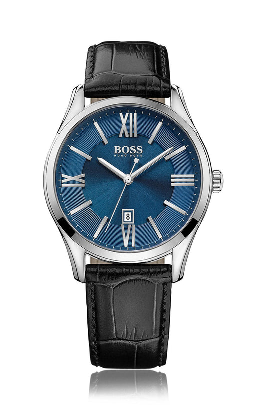 Boss 1513386 watch for man with a blue dial and stainless steel strap.