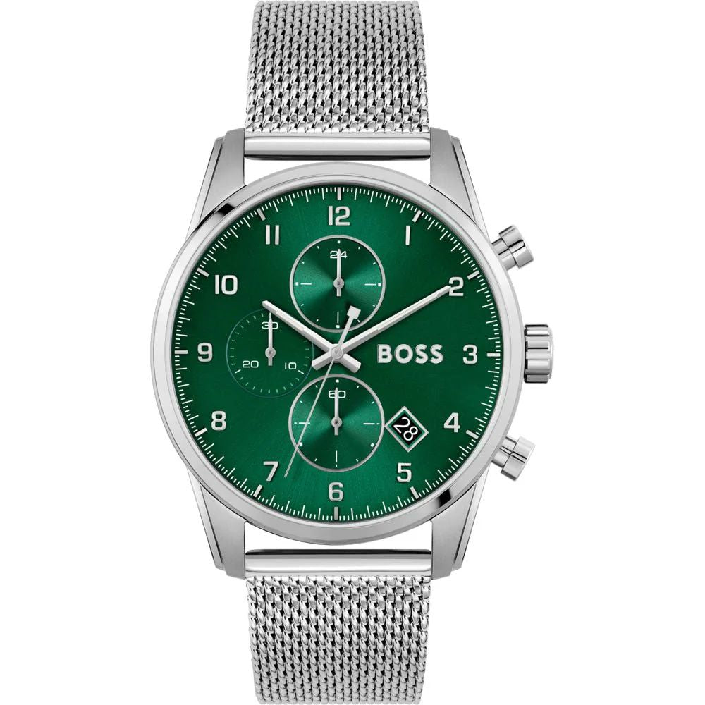 Boss 1513938 watch for man with a green dial and stainless steel strap.