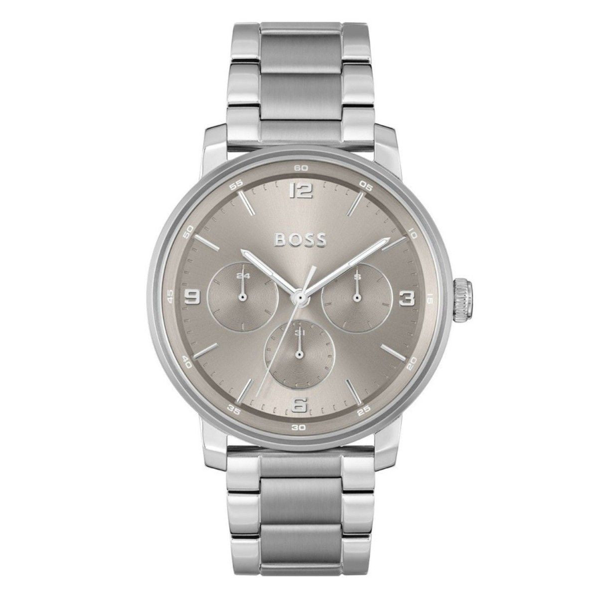Boss 1514127 watch for man with a grey dial and stainless steel strap.