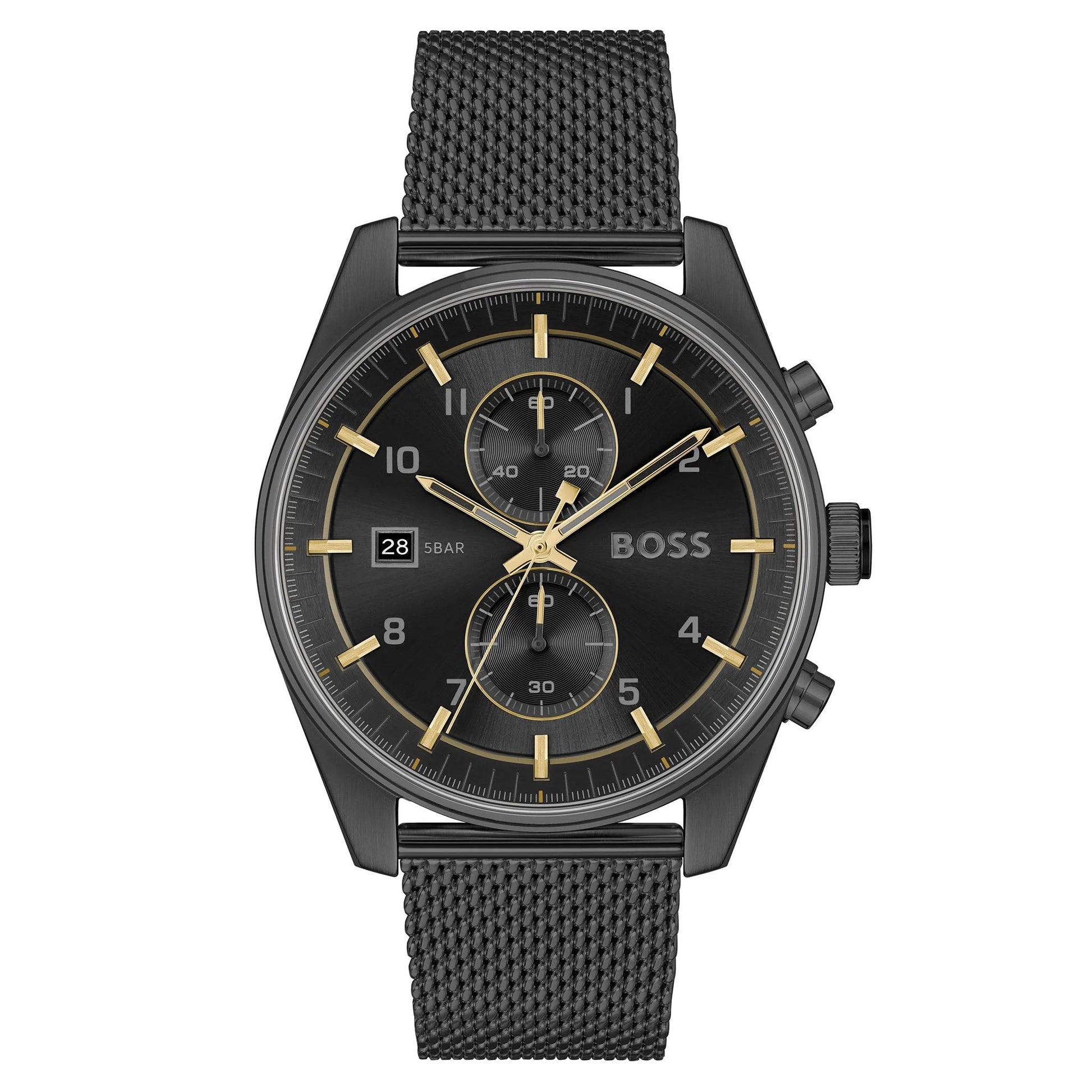Boss 1514150 watch for man with a black dial and stainless steel strap.