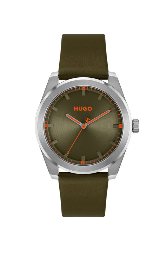 Hugo 1530351 watch for man with a green dial and fur strap.