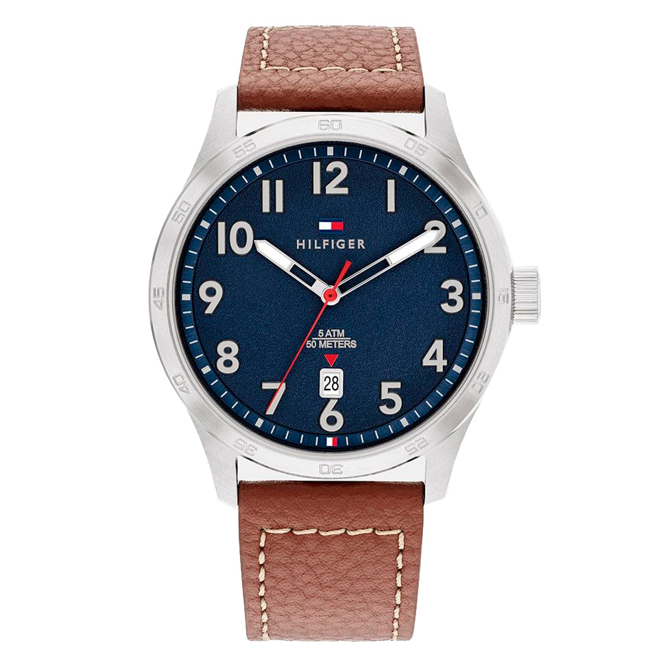 Tommy Hilfiger 1710559 watch for man with a blue dial and leather strap.