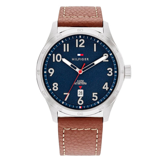 Tommy Hilfiger 1710559 watch for man with a blue dial and leather strap.