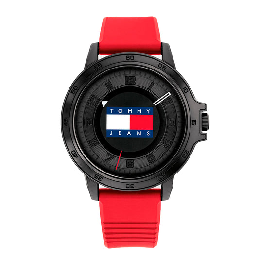 Tommy Hilfiger 1792033 watch for man with a black dial and silicone strap.
