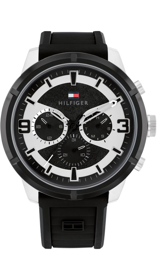 Tommy Hilfiger 1792074 watch for man with a black dial and silicone strap.