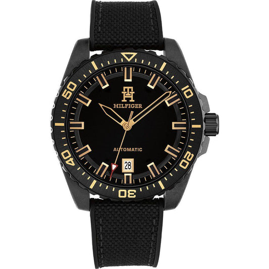 Tommy Hilfiger 1792159 watch for man with a black dial and silicone strap.