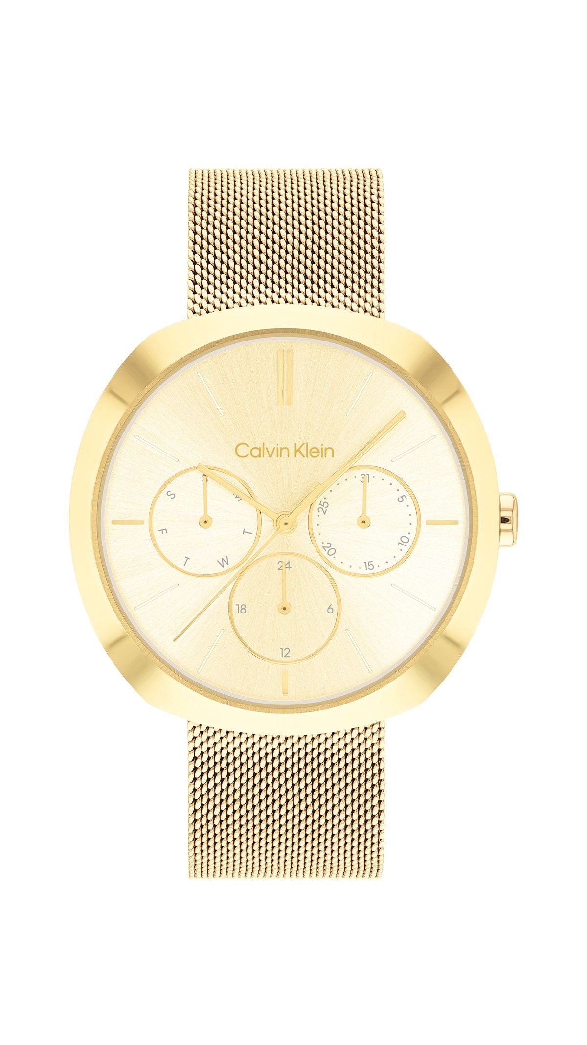 Calvin Klein 25200339 watch for women with a golden dial and stainless steel strap.