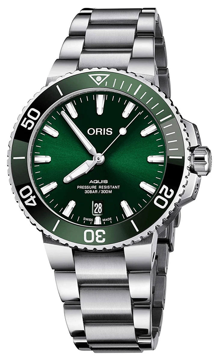 Oris 4157-07-8-22-05PEB watch for man with a green dial and stainless steel strap.