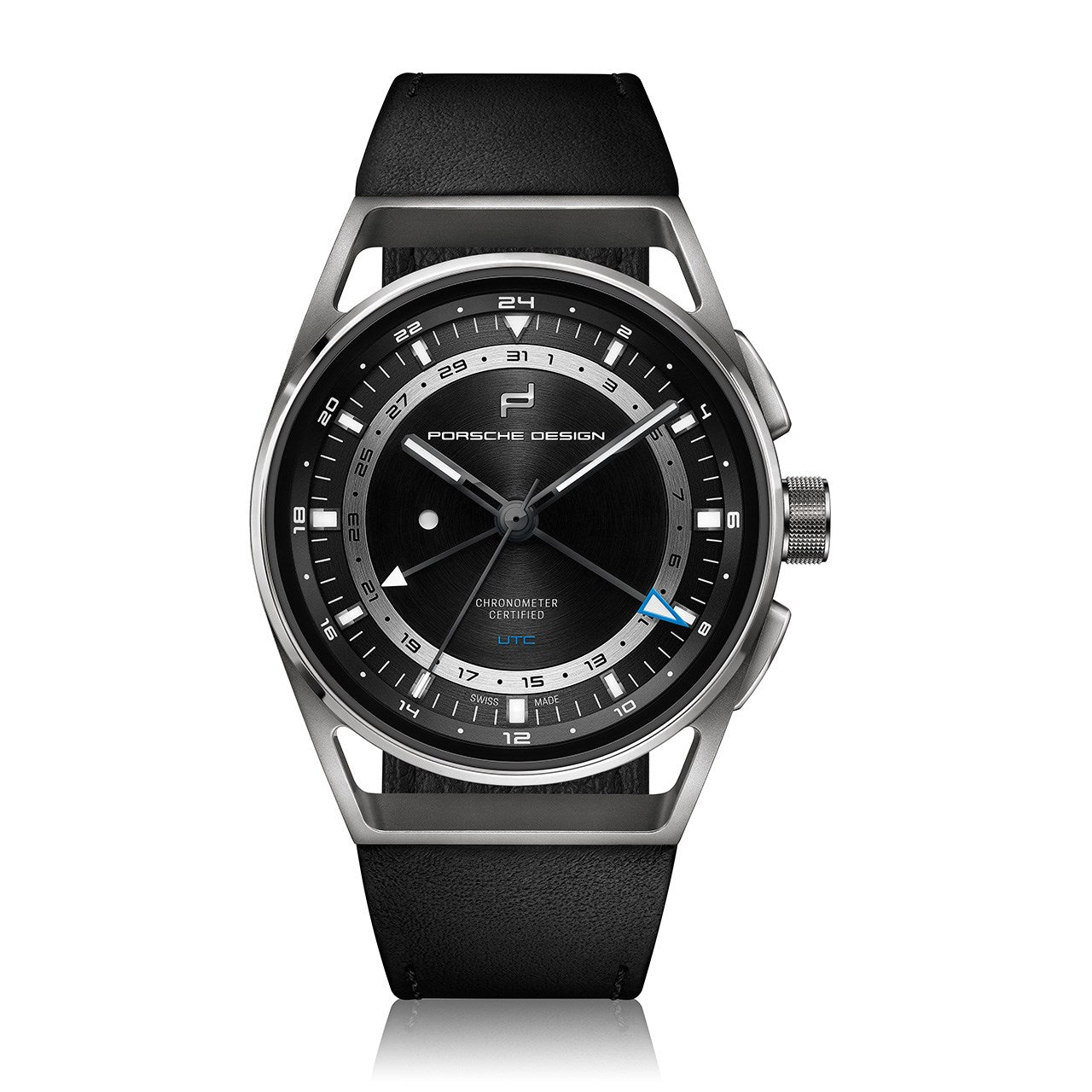 Porsche Design 6023.4.05.001.07.2 watch for man with a black dial and leather strap.