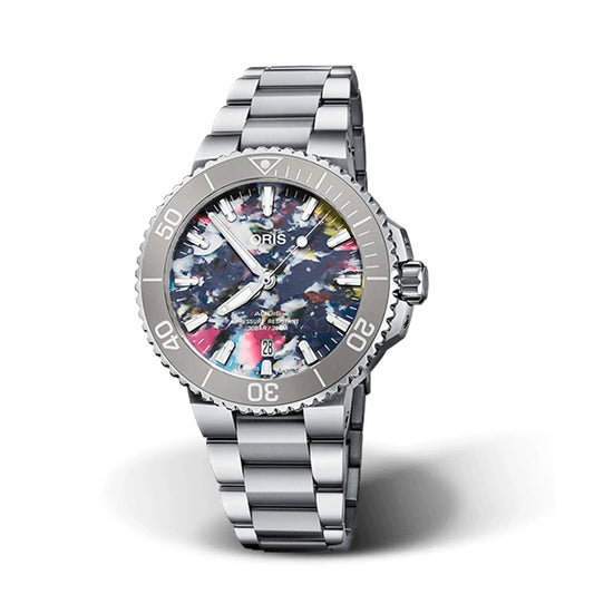 Oris 7766-4150-Set watch for man with a multicolored dial and stainless steel strap.