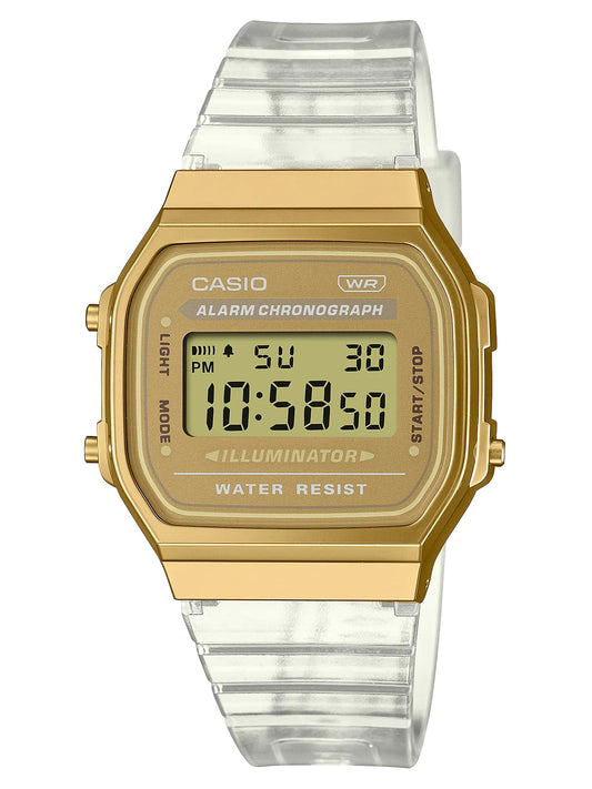 Casio A168XESG-9AEF watch for unisex with a golden dial and resin strap.