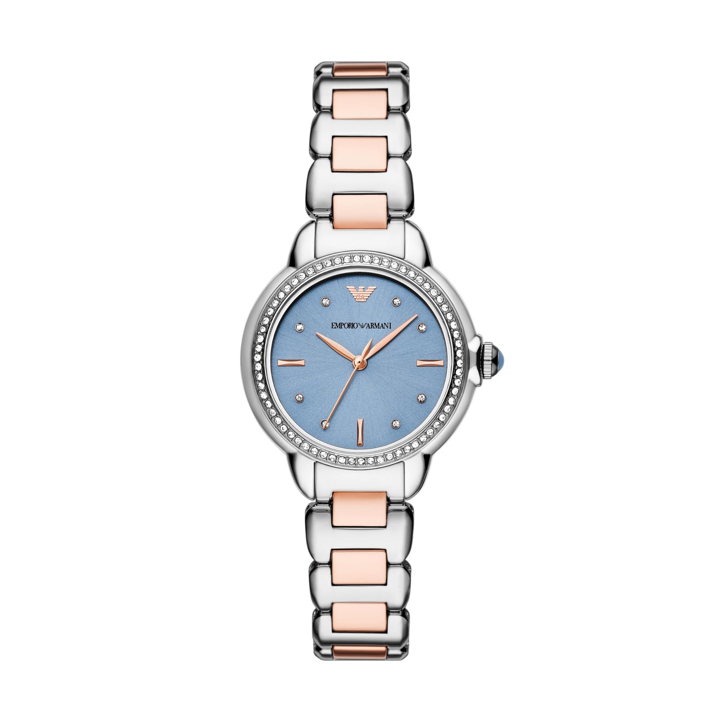 Armani AR11597 watch for women with a blue dial and stainless steel strap.
