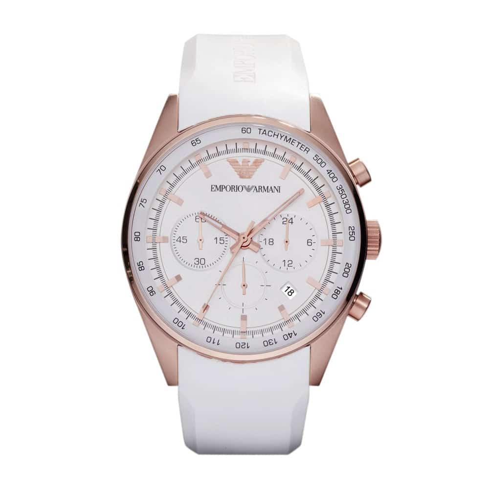 Armani AR5979 watch for unisex with a white dial and rubber strap.