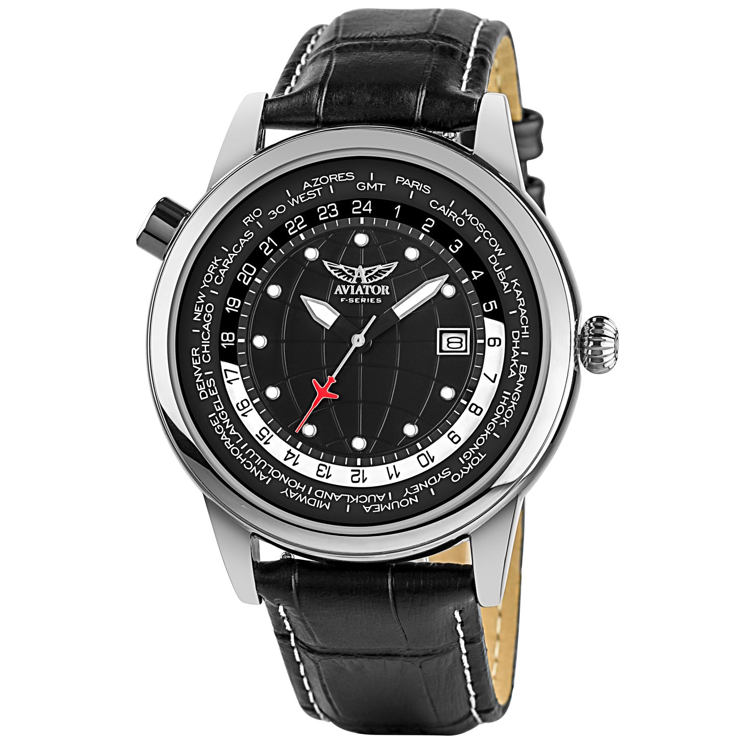 Aviator AVW6975G354 watch for man with a black dial and leather strap.