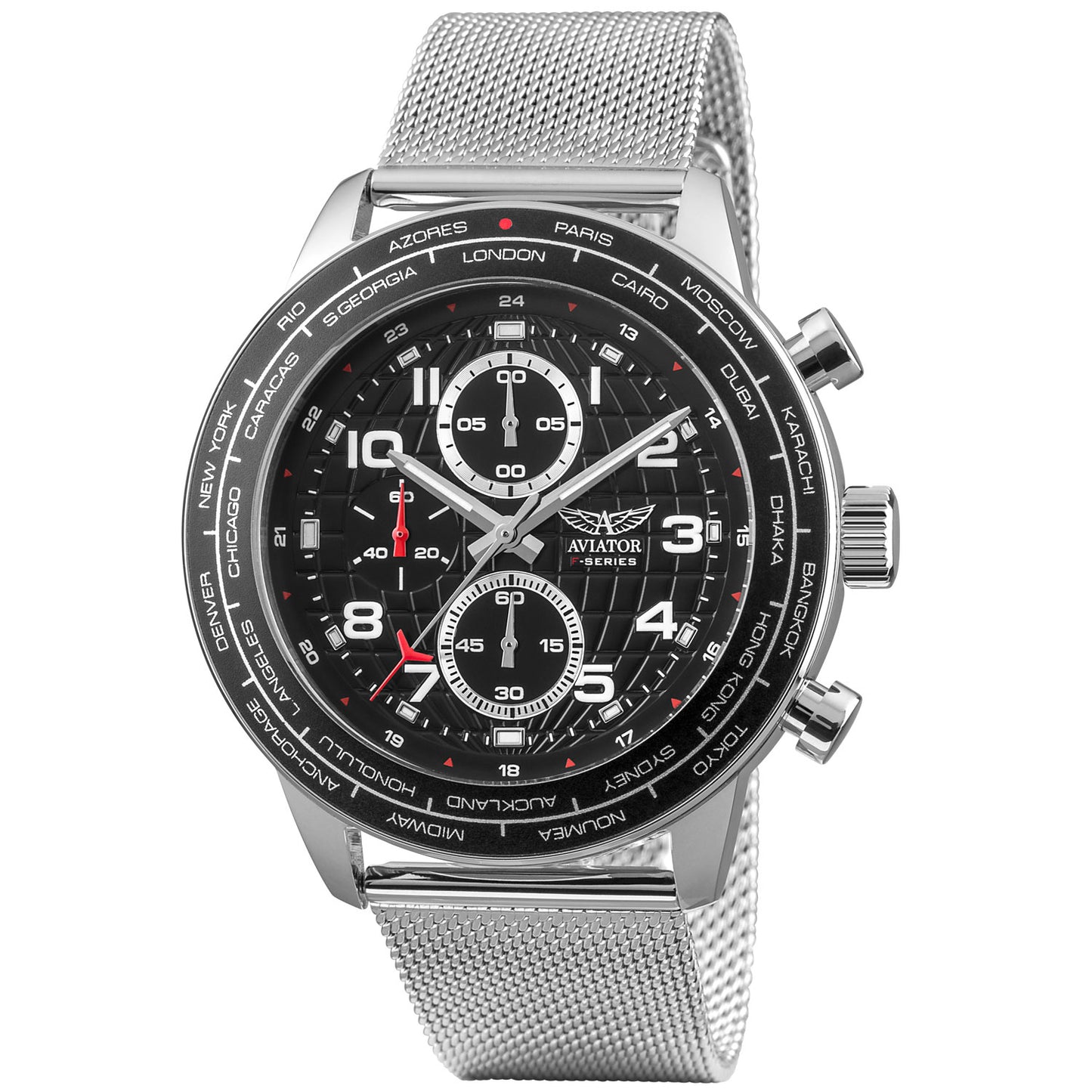 Aviator AVW79886G407 watch for man with a black dial and stainless steel strap.