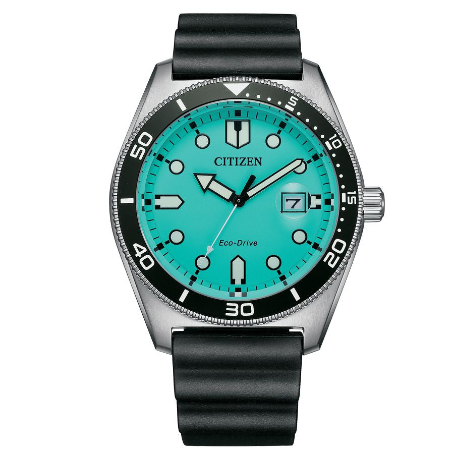 Citizen AW1760-14X watch for man with a green dial and rubber strap.