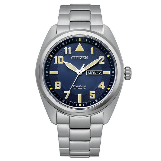 Citizen BM8560-88L watch for man with a blue dial and titanium strap.