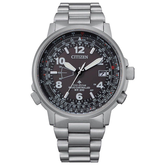 Citizen CB0240-88E watch for man with a black dial and stainless steel strap.