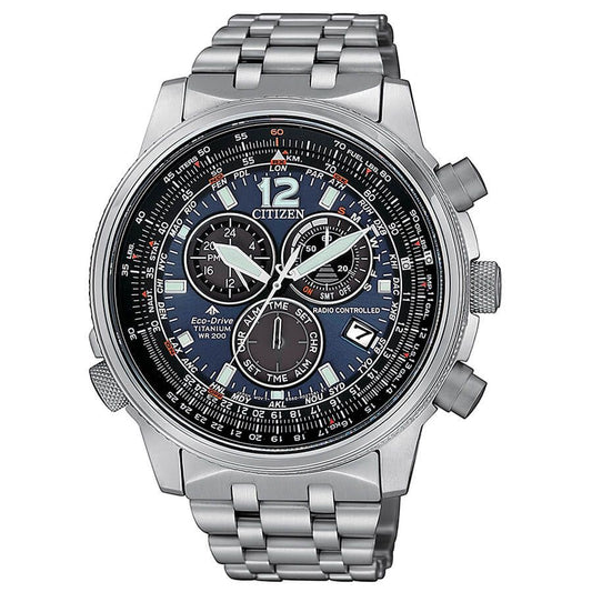 Citizen CB5850-80L watch for man with a blue dial and titanium strap.