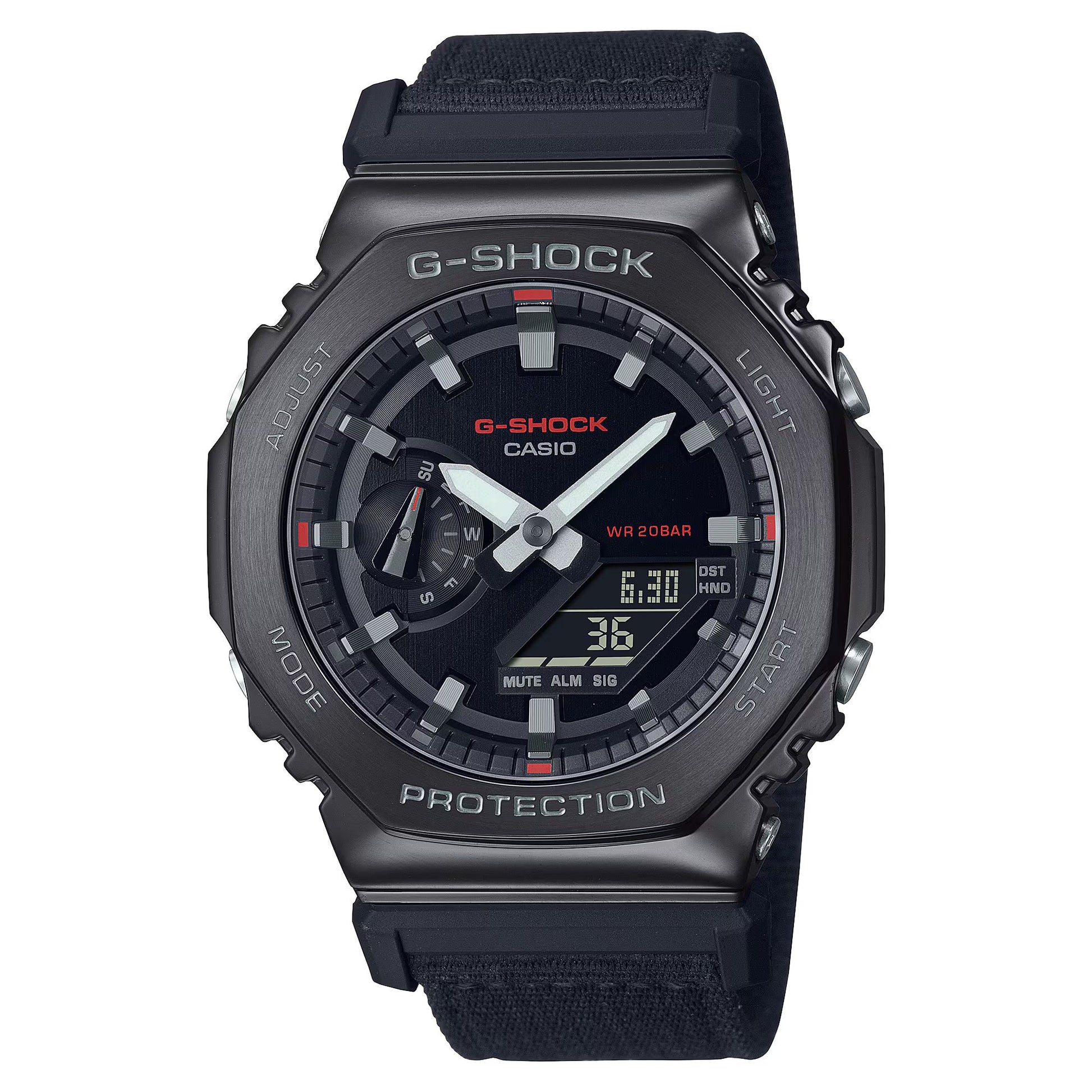 Casio GM-2100CB-1AER watch for man with a black dial and fabric strap.